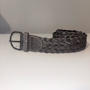 Women’s Black Metallic Braided Shimmer Belt Gunmetal Buckle Adjustable Size S/M